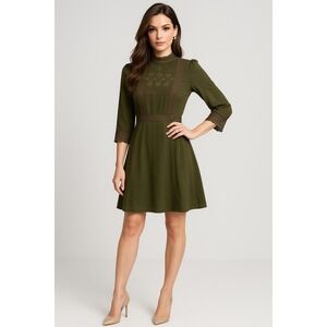 Womens Boho Dress S Green Mock Neck Floral‎ Embroidered Knit Trim Lined Mini NEW